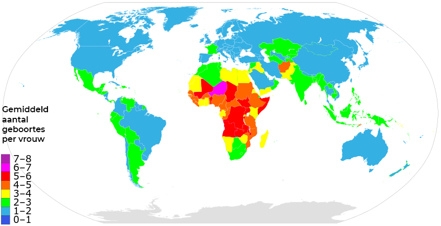 Kaart met de gebieden waar het geboortecijfer het hoogst is