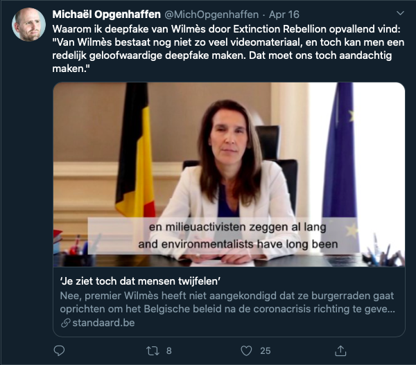 Tweet van Michaël Opgenhaffen over de deepfake van premier Wilmès. 