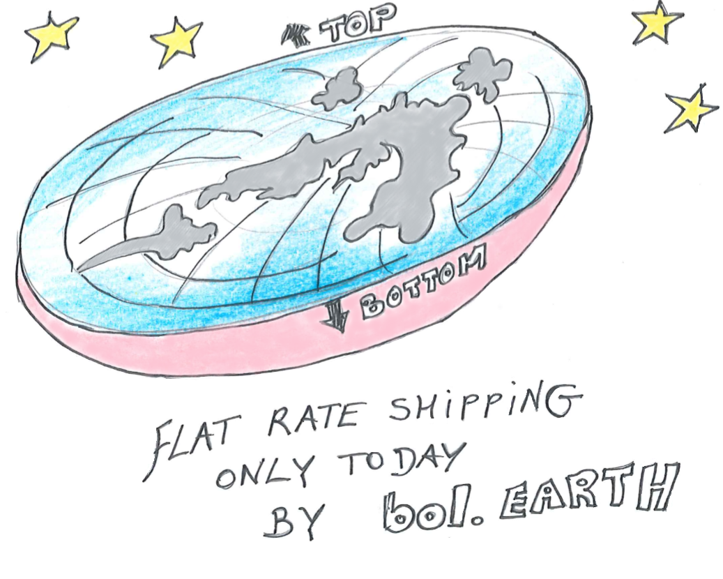 Tekening van een platte aarde: onderschrift: flat rate shipping only today by bol.earth
